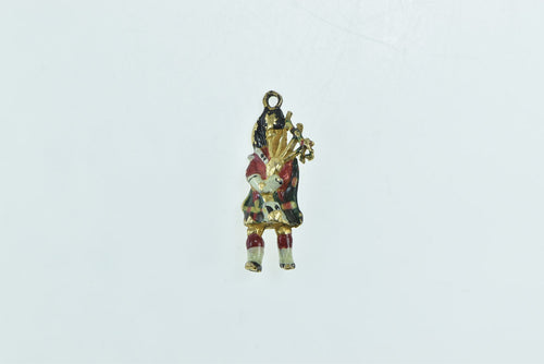 9K 3D Scottish Bagpipe Musician Vintage Enamel Charm/Pendant Yellow Gold