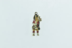 9K 3D Scottish Bagpipe Musician Vintage Enamel Charm/Pendant Yellow Gold