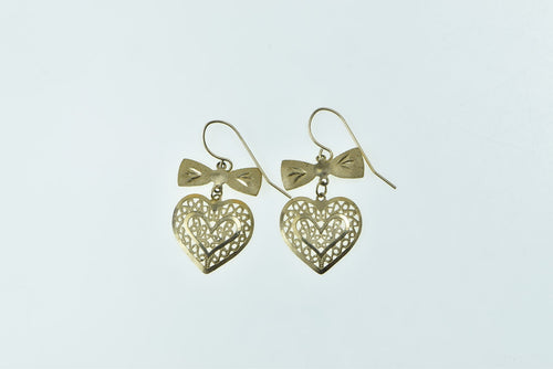 14K Filigree Heart Love Symbol Bow Dangle Earrings Yellow Gold