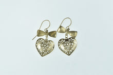 Load image into Gallery viewer, 14K Filigree Heart Love Symbol Bow Dangle Earrings Yellow Gold