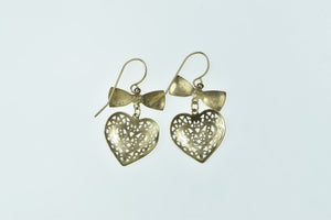 14K Filigree Heart Love Symbol Bow Dangle Earrings Yellow Gold