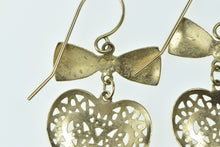 Load image into Gallery viewer, 14K Filigree Heart Love Symbol Bow Dangle Earrings Yellow Gold