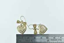 Load image into Gallery viewer, 14K Filigree Heart Love Symbol Bow Dangle Earrings Yellow Gold