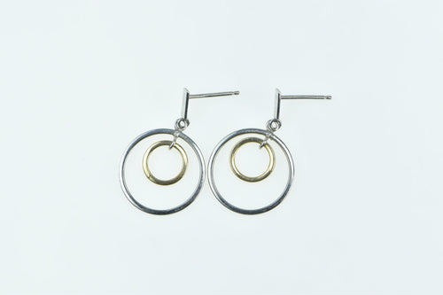 14K Two Tone Layered Circle Dangle Geometric Earrings White Gold