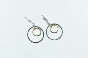 14K Two Tone Layered Circle Dangle Geometric Earrings White Gold