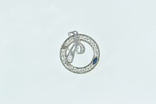 Load image into Gallery viewer, 10K Art Deco Filigree Bow Wreath Syn. Sapphire Pin/Brooch White Gold