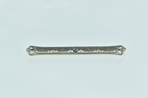 14K Art Deco Ornate Filigree Syn. Sapphire Bar Pin/Brooch Yellow Gold