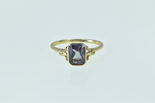 10K Victorian Emerald Cut Amethyst Ornate Ring Yellow Gold