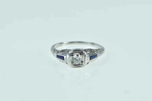 14K 0.20 Ct Diamond Sapphire Art Deco Engagement Ring White Gold