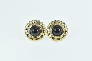 14K Black Onyx Puffy Sunflower Black Eyed Susan Earrings Yellow Gold