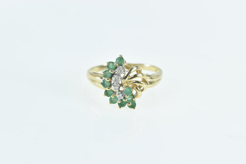 10K Vintage Emerald Diamond Fanned Cluster Ring Yellow Gold