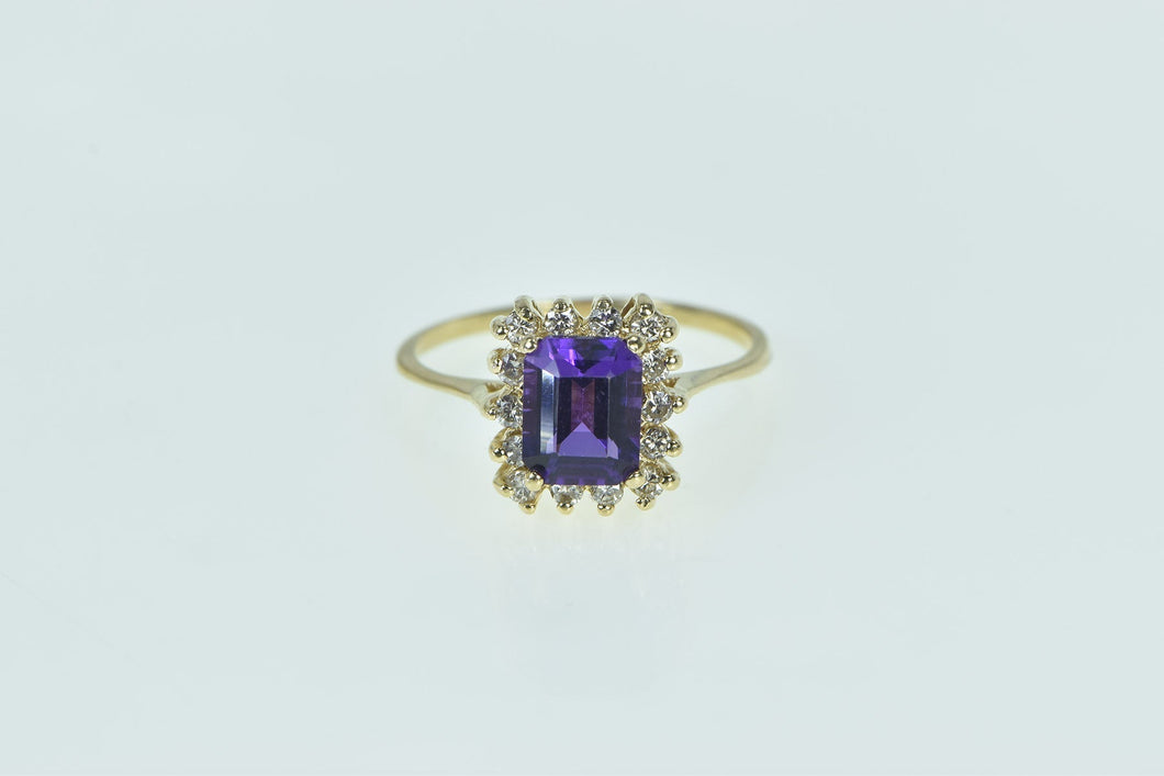 14K Emerald Cut Amethyst Diamond Halo Ring Yellow Gold