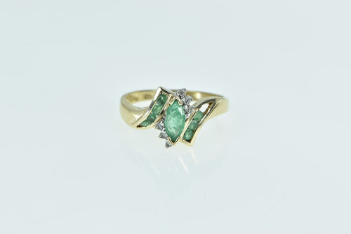 10K Marquise Emerald Vintage Diamond Bypass Ring Yellow Gold