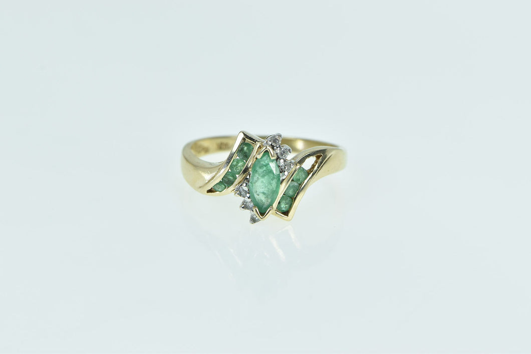 10K Marquise Emerald Vintage Diamond Bypass Ring Yellow Gold