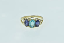 Load image into Gallery viewer, 10K Oval Amethyst Blue Topaz Vintage Three Stone Ring Yellow Gold