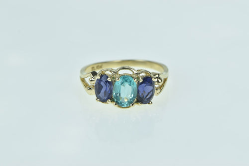 10K Oval Amethyst Blue Topaz Vintage Three Stone Ring Yellow Gold