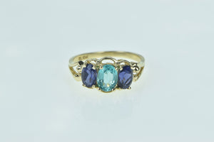 10K Oval Amethyst Blue Topaz Vintage Three Stone Ring Yellow Gold