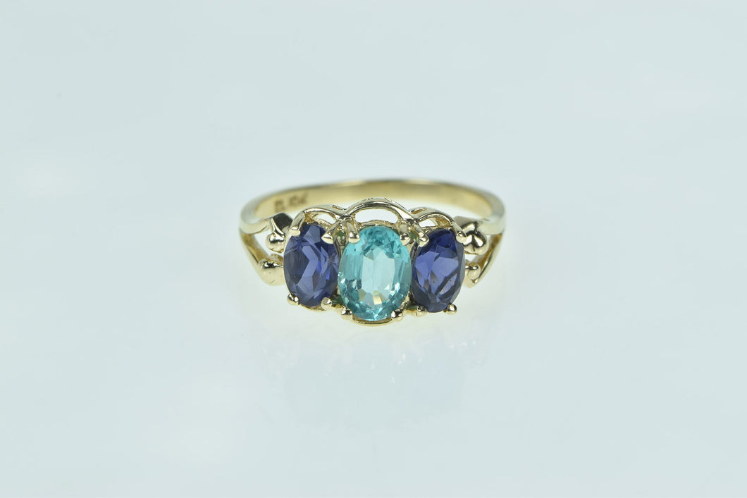 10K Oval Amethyst Blue Topaz Vintage Three Stone Ring Yellow Gold