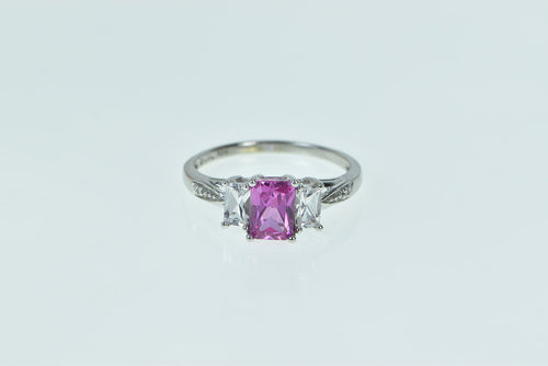 10K Emerald Cut Syn. Pink Sapphire CZ Diamond Ring White Gold