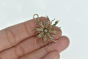 14K Victorian Seed Pearl Diamond Flower Sun Pendant/Pin Yellow Gold