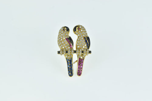 18K 2.50 Ctw Pave Diamond Sapphire Parrots Pin/Brooch Yellow Gold