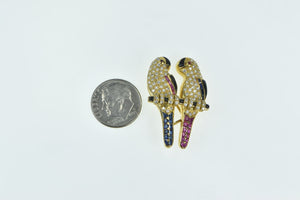 18K 2.50 Ctw Pave Diamond Sapphire Parrots Pin/Brooch Yellow Gold