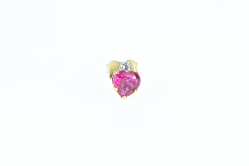 10K Heart Syn. Ruby Diamond Accent Single Stud Earring Yellow Gold