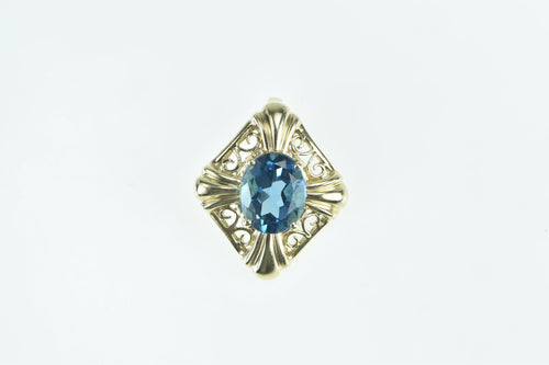 10K Oval Blue Topaz Squared Filigree Statement Pendant Yellow Gold