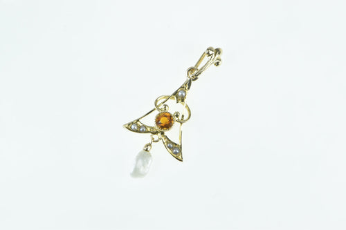 10K Victorian Citrine Pearl Dangle Ornate Drop Pendant Yellow Gold