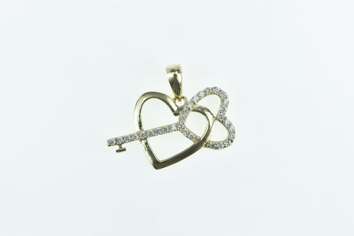 10K Vintage Diamond Heart Skeleton Key Love Pendant Yellow Gold