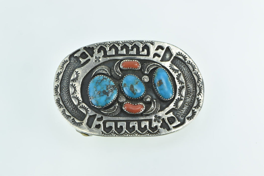 Silver Southwestern Coral Turquoise Ornate Belt Buckle