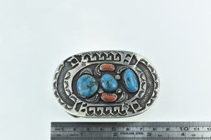 Silver Southwestern Coral Turquoise Ornate Belt Buckle