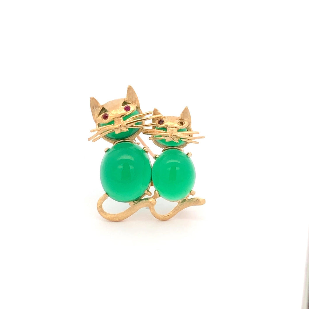 14K 1960's Green Glass Ruby Kitty Cats Kittens Pin/Brooch Yellow Gold