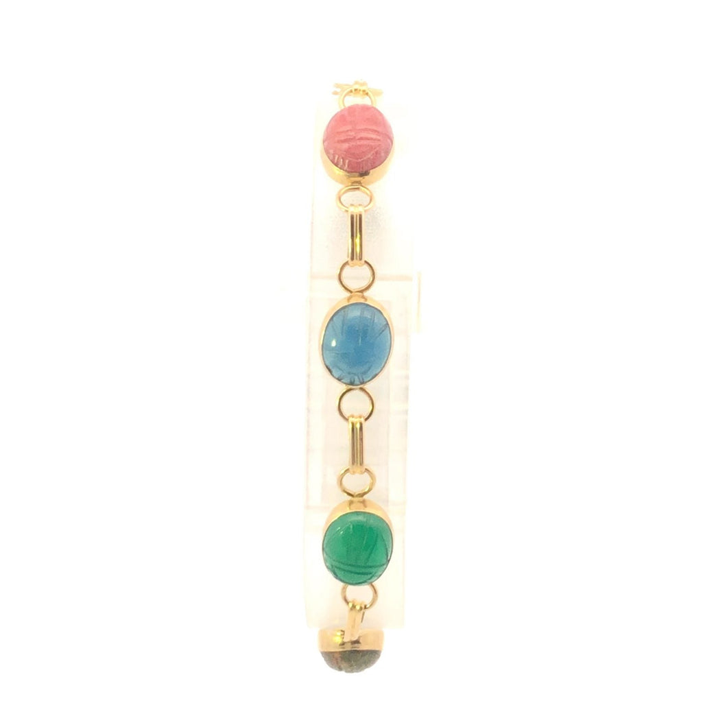 14K Ancient Egyptian Scarab Symbol Carved Stone Bracelet 7.25