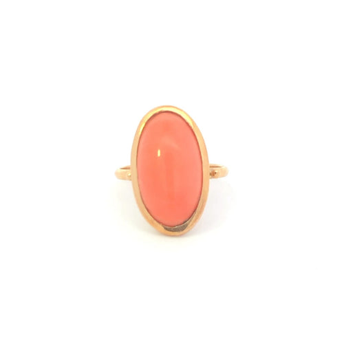 18K Oval Coral Cabochon Vintage Statement Ring Yellow Gold