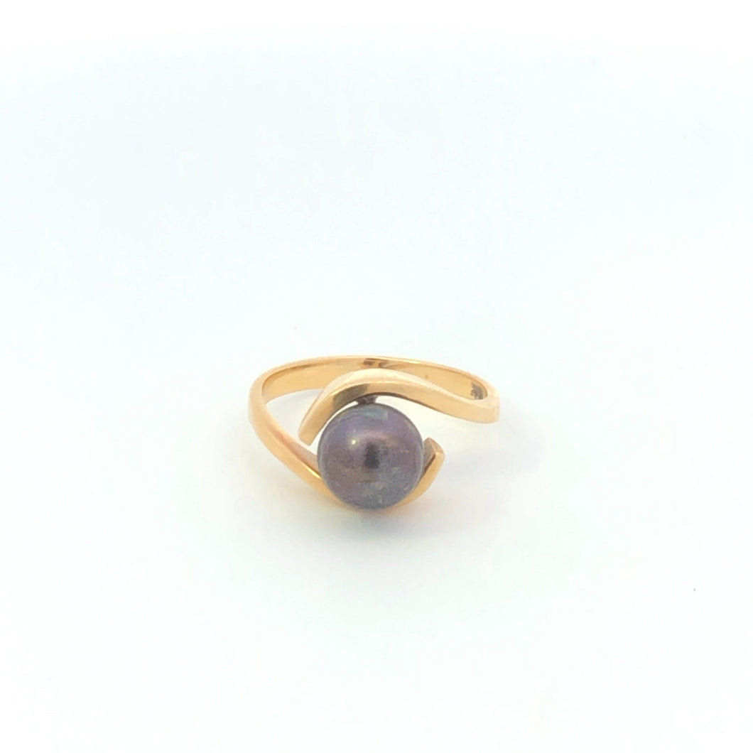 18K Oval Black Grey Pearl Vintage Statement Ring Yellow Gold