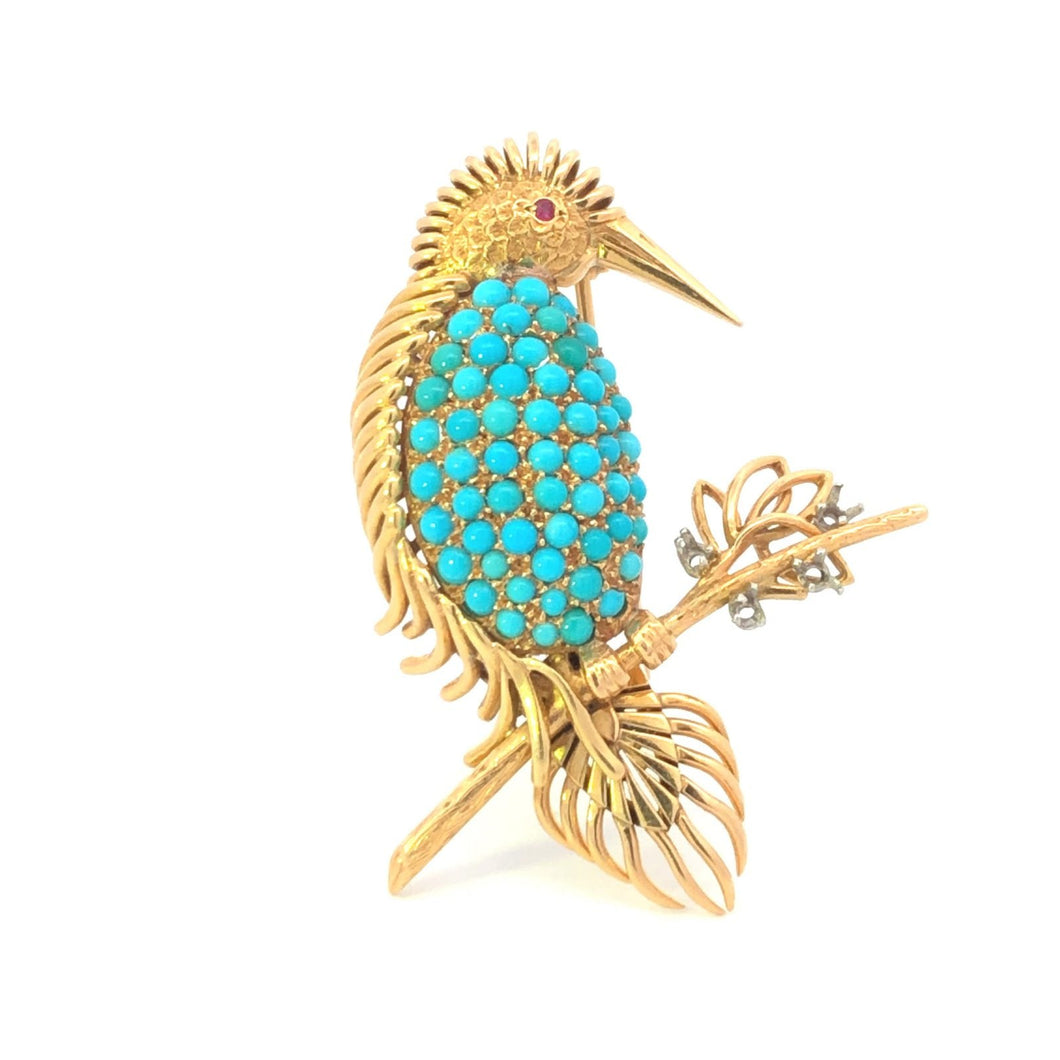 18K Ruby Eye Turquoise Belly Bird Elaborate Branch Pin/Brooch Yellow Gold