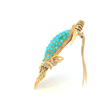 Load image into Gallery viewer, 18K Ruby Eye Turquoise Belly Bird Elaborate Branch Pin/Brooch Yellow Gold