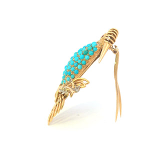 18K Ruby Eye Turquoise Belly Bird Elaborate Branch Pin/Brooch Yellow Gold