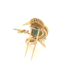 Load image into Gallery viewer, 18K Ruby Eye Turquoise Belly Bird Elaborate Branch Pin/Brooch Yellow Gold