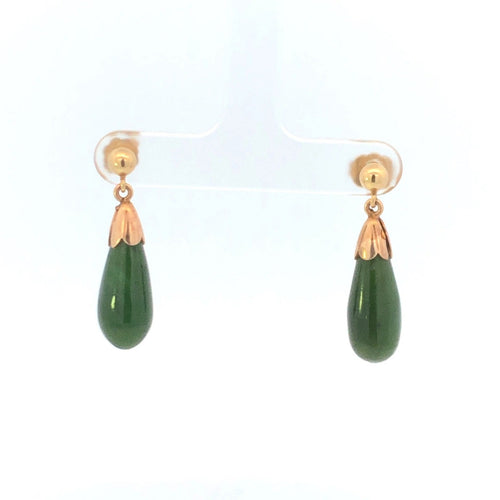 10K Nephrite Tear Drop Dangle Vintage Statement Earrings Yellow Gold