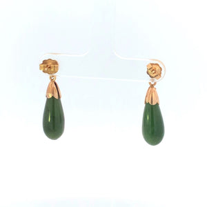 10K Nephrite Tear Drop Dangle Vintage Statement Earrings Yellow Gold