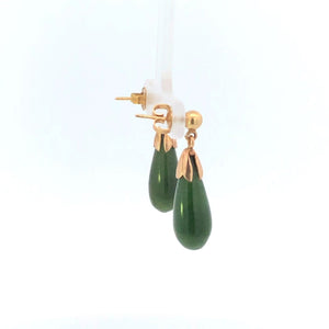 10K Nephrite Tear Drop Dangle Vintage Statement Earrings Yellow Gold