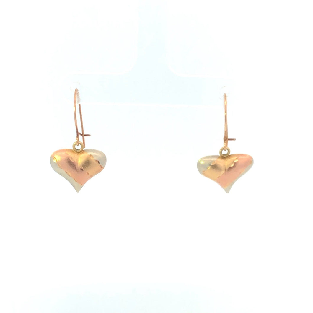 10K High Relief Striped Heart Love Symbol Dangle Earrings Yellow Gold