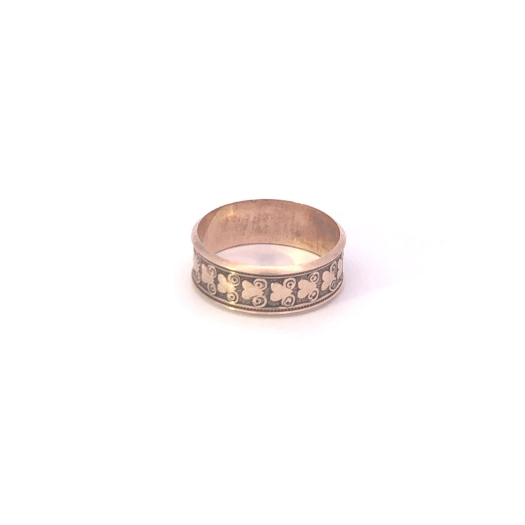 9K 6.2mm Victorian Heart Swirl Pattern Band Ring Yellow Gold