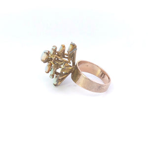 8K 1960's Natural Opal Geometric Cluster Cocktail Ring Yellow Gold