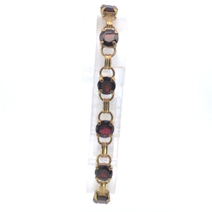 8K 1930's Round Garnet Vintage Ornate Chain Bracelet 7.75" Yellow Gold