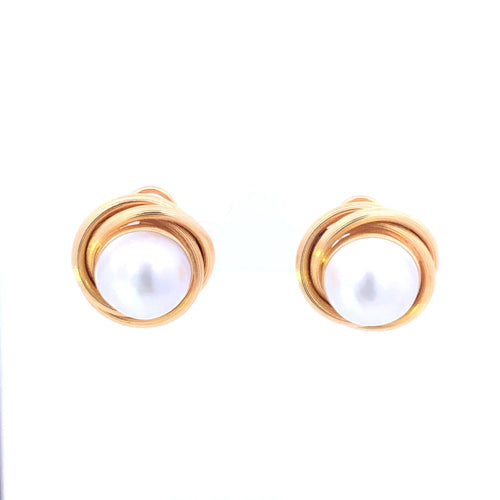 14K Vintage Mabe Pearl Twist French Clip Earrings Yellow Gold