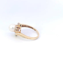 Load image into Gallery viewer, 10K Vintage 7.3mm Pearl Diamond Bypass Ring Yellow Gold