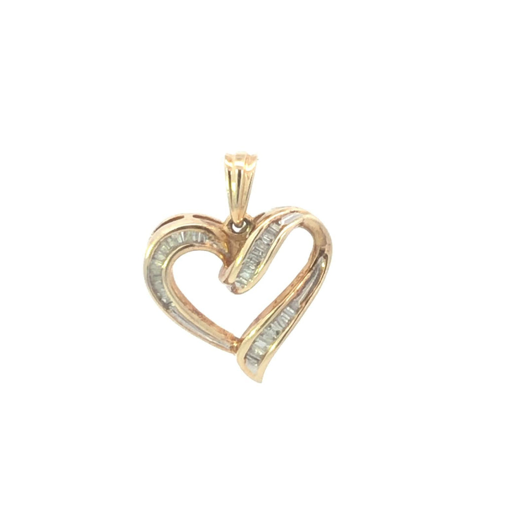 10K Baguette Diamond Curvy Heart Love Pendant Yellow Gold